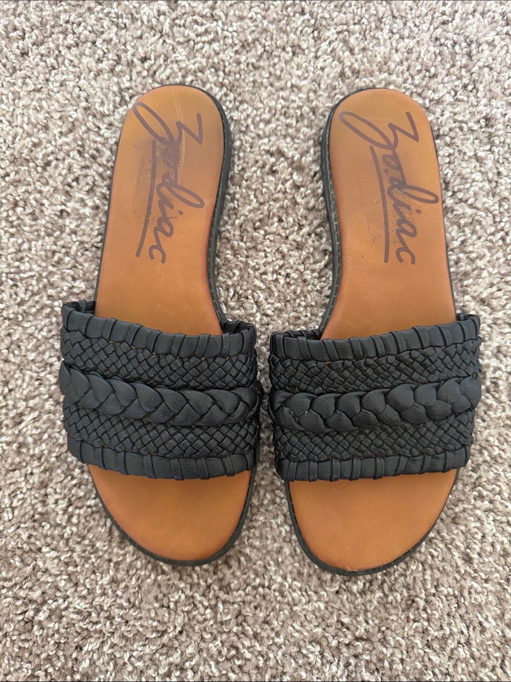 Zodiac Black Braided Slide Sandals with Tan Footbed